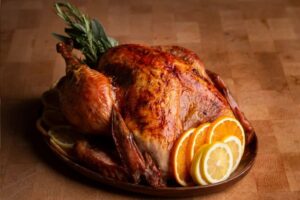 A roasted turkey representing buying local and avoiding global geopolitical trade war
