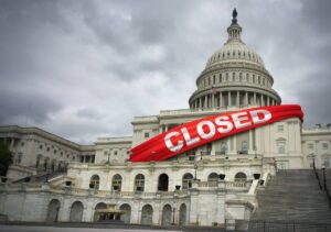 Washington with closed label representing government shutdown